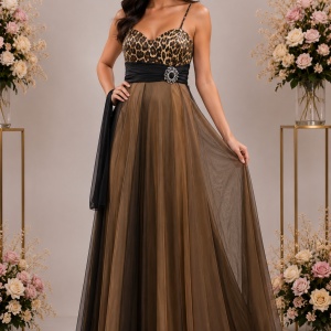 Rochie superba, impresionanta, cu material animal print, maro-auriu