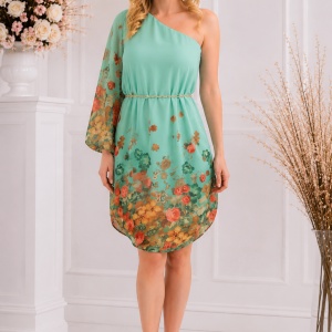 Rochie tinereasca de culoare turcoaz, model cu o maneca larga
