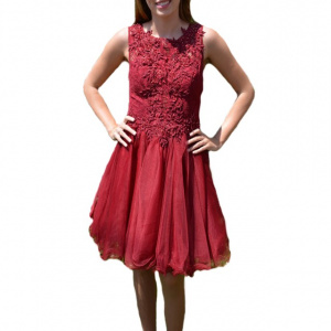 Rochie tinereasca din tul si dantela, marsala, model elegant - Img 1