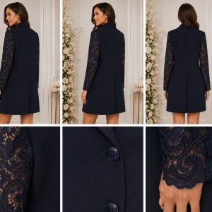 Rochie tip sacou cu mâneci din dantelă – Bleumarin închis - Img 2