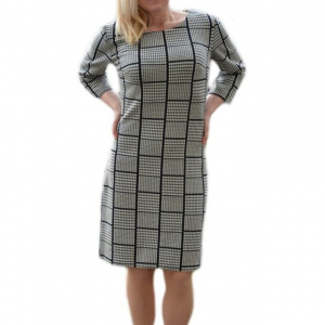 Rochie trendy de zi cu design de carouri rafinate, nuante negru-alb - Img 1