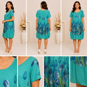 Rochie turcoaz de damă cu imprimeu lalele albastre – 95% bumbac - Img 2