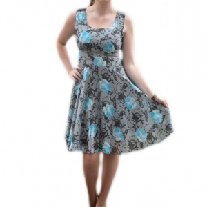 Rochie vaporoasa, cu imprimeu de flori albastre pe fond gri