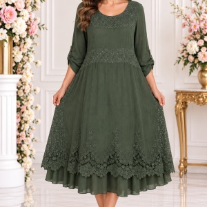 Rochie vaporoasa Laura,insertii de dantela si paiete,nuanta de kaki