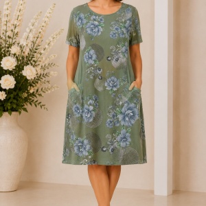 Rochie Verde Kaki cu Imprimeu Floral – Croială Lejeră și Buzunare Laterale