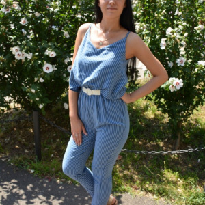 Salopeta casual cu dungi verticale de culoare bleumarin-alb - Img 4