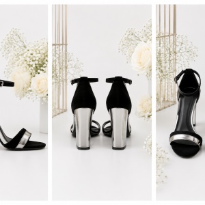 Sanda de ocazie, piele intoarsa neagra in combinatie argintie