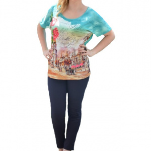 Tricou turcoaz de primavara-vara cu maneca scurta, decolteu mic - Img 1