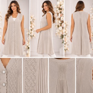 Vestă Damă Lungă Crem din Lână și Acrilic – Model Tricotat Elegant cu Nasturi - Img 2
