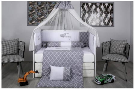 Lenjerie MyKids 10 piese King gri-alb cu baldachin 120x60 cm