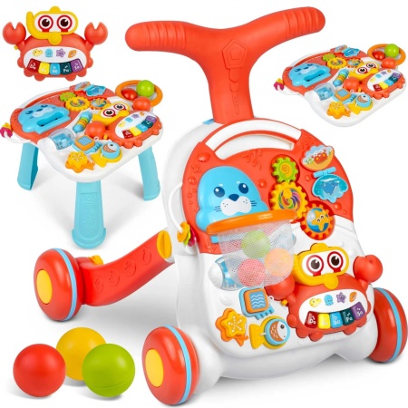 Antemergator interactiv cu 4 roti, transformabil in Masuta interactiva pentru activitati, cu panou de jucarii, sunete cu reglarea volumului, Ricokids 4in1 Rosu, 781001
