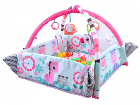 Covoras educational pentru copii, interactiv, multifunctional, 5 in 1, tarc, loc de joaca, cu bile colorate, 106x 97 cm , Jokomisiada, Roz