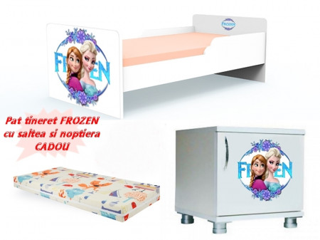 Pat tineret Frozen cu saltea 2-12 ani si noptiera CADOU