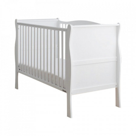 Patut Bebe Din Lemn de Pin Masiv, 120 x 60 cm, Design Impunator, Confortabil, Rezistent, 2 niveluri reglare inaltime saltea, 3 lamele detasabile, Woodies Safe Dreams, Noble Cot, Alb