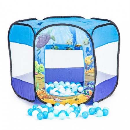Cort de joaca pentru copii tip piscina uscata, cu 100 de bile colorate incluse, iPlay, 90 x 90 x 70 cm, Albastru