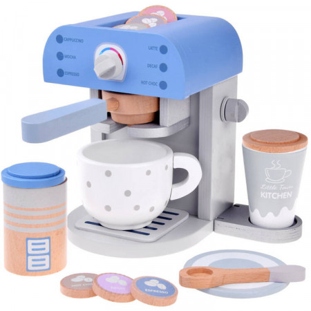 Jucarie pentru bucatarie, Aparat de cafea din lemn, 6 moduri de preparare, cu accesorii, Jokomisiada, 18,5 x 18,5 x 14,5 cm, Alb / Albastru