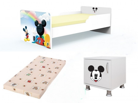 Pat tineret Mickey cu saltea 2-8 ani si noptiera CADOU