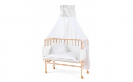 Patut pentru copii 2in1, 90 cm x 55 cm, lemn de fag, vopsea certificata, roti blocabile, laterala detasabila, co-sleeping, Saltea inclusa, Aparatoare laterala din bumbac, Baldacin cu Suport Metalic, Waldin, Equipment, Natural, 88