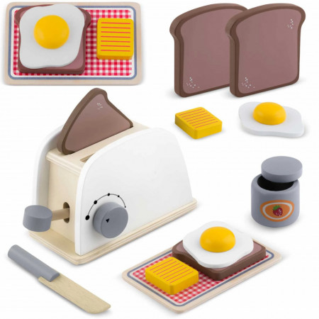 Set prajitor de paine din lemn, pentru copii cu 7 accesorii pentru mic dejun, Ricokids