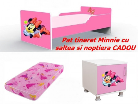 Pat tineret Minnie roz cu saltea 2-8 ani si noptiera