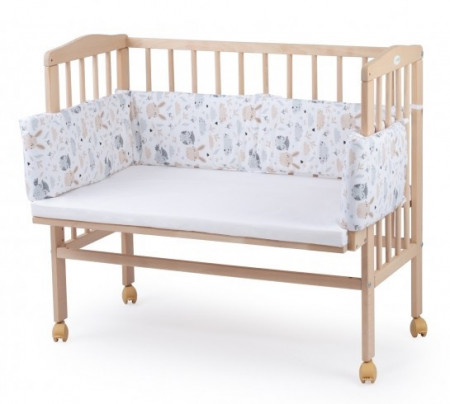 Patut pentru copii 2in1, 90 cm x 55 cm, lemn de fag, vopsea certificata, roti blocabile, laterala detasabila, co-sleeping, Saltea inclusa, Aparatoare laterala din bumbac, Waldin, Natural, Cover, P8