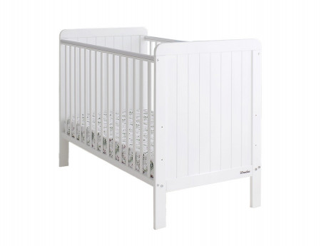 Patut Bebe Din Lemn de Pin Masiv, 120 x 60 cm, Design Impunator, Confortabil, Rezistent, 3 niveluri inaltime saltea, 3 lamele detasabile, Woodies Safe Dreams, Country Cot, Alb