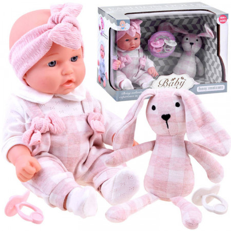 Set 2 jucarii interactive, Bebelus realist, zambitor, 30 cm, cu 2 suzete, Iepuras de plus, moale, 22 cm