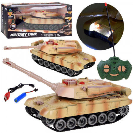 Tanc de lupta cu telecomanda, 38 x 11 x 12 cm, camuflaj de desert, cu lumini, rotatie 360, Jokomisiada, RC0611