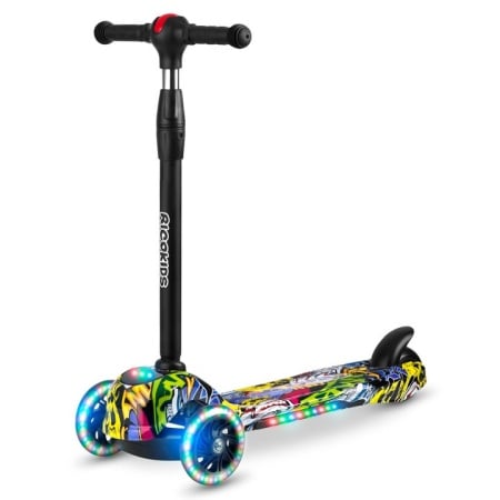 Trotineta de echilibru pentru copii, cu 3 roti, lumini LED, pliabila, ghidon reglabil, pana la 35 kg, Ricokids, Piko, Negru cu modele colorate, 765011