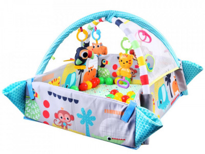 Covoras educational pentru copii, interactiv, multifunctional, 5 in 1, tarc, loc de joaca, cu bile colorate, 106x 97 cm , Jokomisiada, Albastru - Img 1