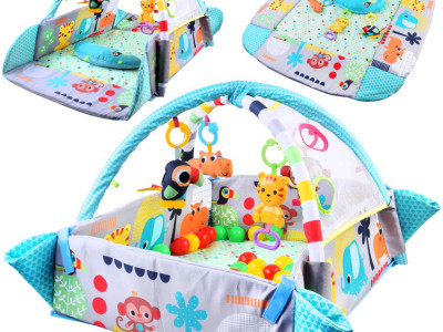 Covoras educational pentru copii, interactiv, multifunctional, 5 in 1, tarc, loc de joaca, cu bile colorate, 106x 97 cm , Jokomisiada, Albastru - Img 3