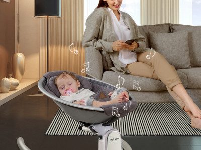 Leagan electric mobil pentru copii, cu Bluetooth, Temporizator, 5 viteze de leganare, inclinatie reglabila, Hot Mom, BB200, Grey - Img 4