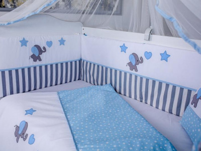 Lenjerie MyKids 11 piese Elephant gri-albastru cu baldachin 120x60 cm - Img 2