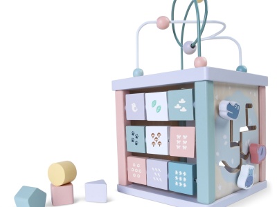 Cub Educativ Pentru Copii, Lemn, Sortare De Blocuri, Labirint, Ceas, EcoToys - Img 1
