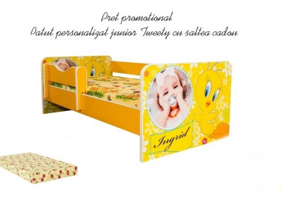 Pat junior personalizat Tweety cu saltea cadou 2-12 ani - Img 1