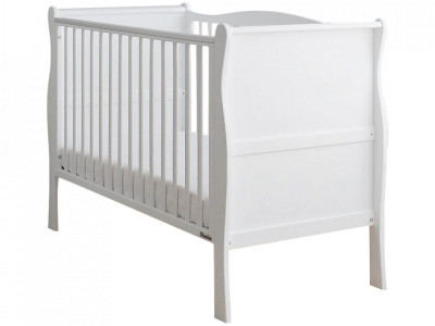 Patut Bebe Din Lemn de Pin Masiv, 120 x 60 cm, Design Impunator, Confortabil, Rezistent, 2 niveluri reglare inaltime saltea, 3 lamele detasabile, Woodies Safe Dreams, Noble Cot, Alb - Img 1