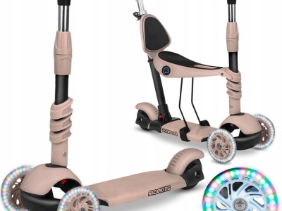 Trotineta de echilibru pentru copii, cu scaun reglabil si maner parental detasabil, Ricokids, Todi, cu 3 roti, lumini LED, ghidon reglabil, pana la 30 kg, Bej - Img 2
