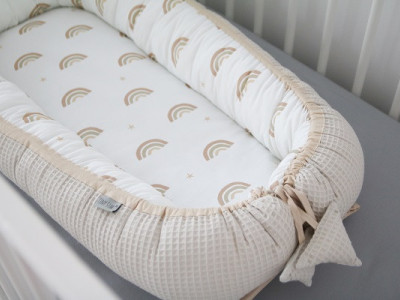 Babynest pentru copii, 80 x 50 cm, ajustabil, portabil, reductor patut, Tiny Star Rainbow & Beige, - Img 3