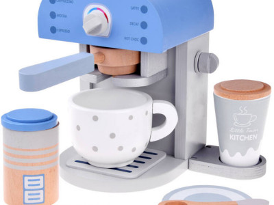 Jucarie pentru bucatarie, Aparat de cafea din lemn, 6 moduri de preparare, cu accesorii, Jokomisiada, 18,5 x 18,5 x 14,5 cm, Alb / Albastru - Img 1