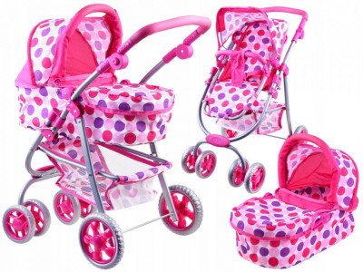 Carucior Multifunctional 3in1 pentru Papusi, cu maner reglabil, roti pivotante, Roz - Img 4