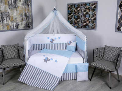 Lenjerie MyKids 11 piese Elephant gri-albastru cu baldachin 120x60 cm - Img 1