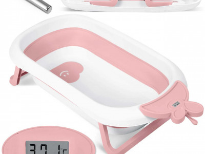 Cadita de baie pliabila pentru bebelusi, cu termometru LCD, suport antiderapant, Ricokids, 728200, Roz - Img 1