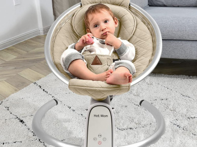 Leagan electric mobil pentru copii, cu Bluetooth, Temporizator, 5 viteze de leganare, Inclinatie reglabila, Scaun bumbac, reglabil, Hot Mom, BB200, Beige - Img 3