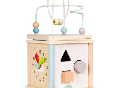Cub Educativ Pentru Copii, Din Lemn, Sortare De Blocuri, Labirint, Ceas, EcoToys - Img 2