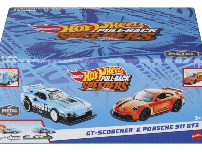 HOT WHEELS SET 2 MASINUTE METALICE PULL BACK GT-SCORCHER SI PORSCHE 911 GT3 1:43 - Img 1