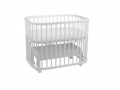 Patut Rotund pentru Copii, Multifunctional, Waldin, 5in1, Compatibil cu Sistem de Leganare, Saltele Incluse, Co-Sleeper, Tarc de Joaca, Masa si Scaun pentru Activitati, Culoare Alba - Img 1