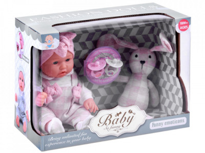 Set 2 jucarii interactive, Bebelus realist, zambitor, 30 cm, cu 2 suzete, Iepuras de plus, moale, 22 cm - Img 2