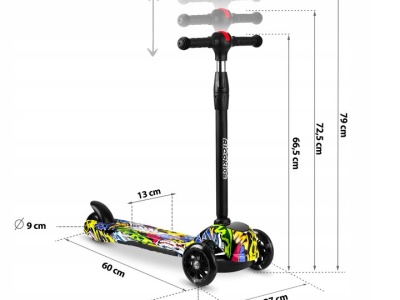 Trotineta de echilibru pentru copii, cu 3 roti, lumini LED, pliabila, ghidon reglabil, pana la 35 kg, Ricokids, Piko, Negru cu modele colorate, 765011 - Img 2
