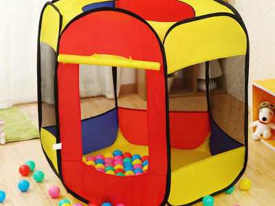 Cort de joaca pentru copii tip piscina uscata, cu 100 de bile colorate incluse, iPlay, 90 x 90 x 70 cm, Galben/Rosu - Img 2
