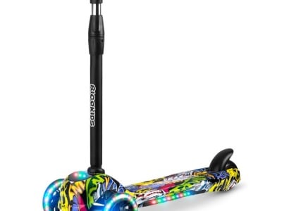 Trotineta de echilibru pentru copii, cu 3 roti, lumini LED, pliabila, ghidon reglabil, pana la 35 kg, Ricokids, Piko, Negru cu modele colorate, 765011 - Img 1